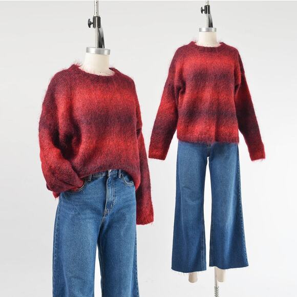 Vintage Sweaters - Vintage 90s Red Ombre Sweater Mohair Wool Crewneck Pullover M L